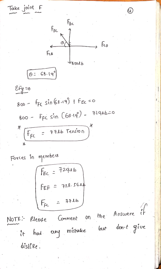 Take joint F Fee Fre Feo FeB 800lb O= 68-19 fEe sin (68.09) + FEc =O 800 - fpc sin (68-19) - 729060 800 7726 Tensio n Ffe FC