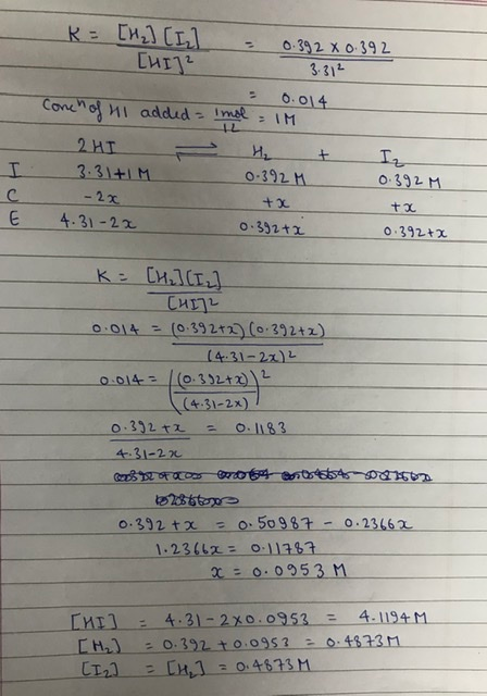 2 R= [и] СІ О.39) 2 xo 392 Сит 3. 31- 0. 014 Conch of HI added imol = Ін 2 AT Iz 3.3 + 0-39- 0:39Н - 2х 4-31 - 2 0.3) tx 0.39