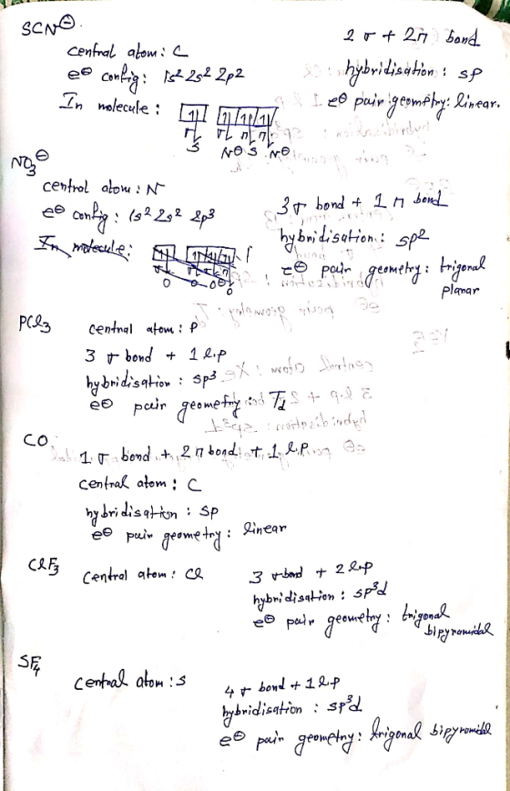 Scuo. In molecule : 0111111111 25+ 27 bond central atomic en conting: 12 252 2p2 hybridisation : se wa 120 painigcompty: line