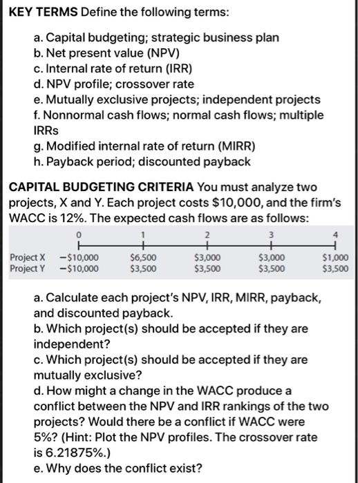 KEY TERMS Define the following terms: a. Capital budgeting; strategic business plan b. Net present value (NPV) c. Internal ra