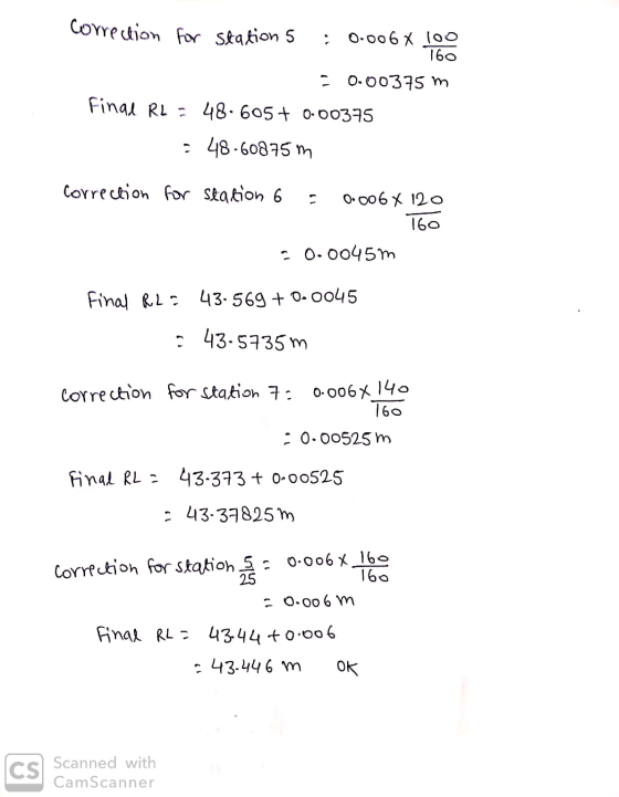 correction for stations ; 0.00 6 X 100 160 = 0.00375 m Final RL = 48.605+ 0.00375 = 48.60875 m correction for station 6 0.00