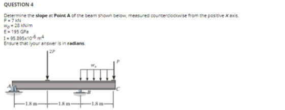 QUESTION 4 Determine the slope at Point A of the beam shown below, measured counterclockwise from the positive x axis. P = 7