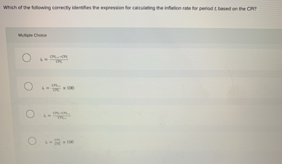 Which of the following correctly identifies the expression for calculating the inflation rate for period t, based on the CPI?
