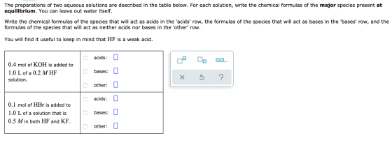 The preparations of two aqueous solutions are described in the table below. For each solution, write the chemical formulas of
