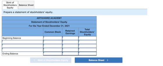 Stmt of Stockholders Balance Sheet Equity Prepare a statement of stockholders equity. ARTICHOKE ACADEMY Statement of Stockho