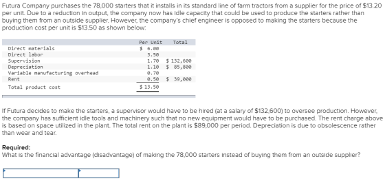 Futura Company purchases the 78,000 starters that it installs in its standard line of farm tractors from a supplier for the p
