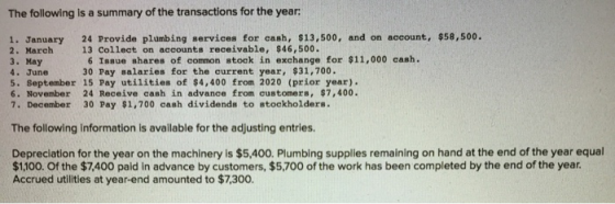 The following is a summary of the transactions for the year: 1. January 24 Provide plumbing services for cash, $13,500, and o