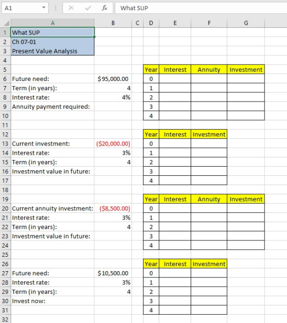 A1 what sup C D 1 What SUP 2 Ch 07-01 3 Present Value Analysis Year Interest Annui Investment 6 Future need: 7 Term (in years