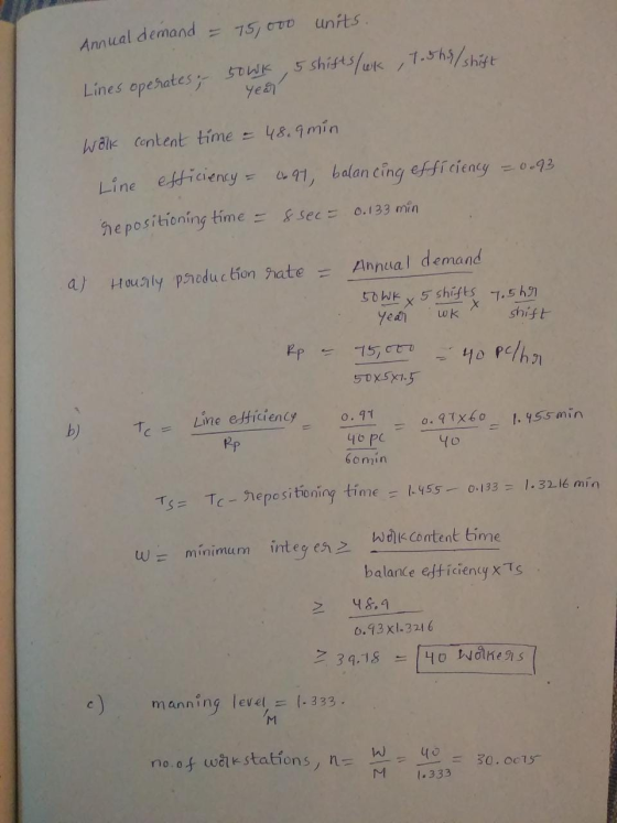 = 75,000 units. Annual demand Lines operates; SoWk 5 shifts/uk , 1.5h3/hick yean 48.9min walk Content time Line efticiency =