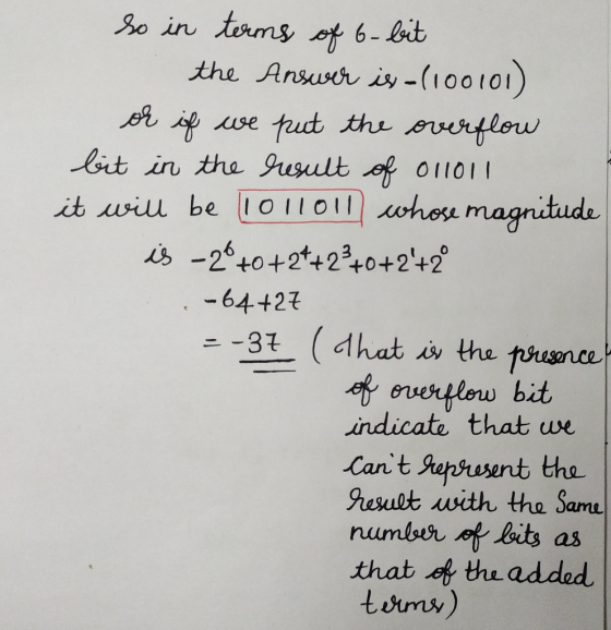 so in terms of 6-bit the Answer is (100101) or if we put the overflow bit in the result of 011011 it will be 11011011 whose m