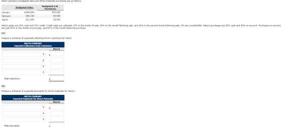 Nieto Companys budgeted sales and direct materials purchases are as follows. Budgeted Sales January Budgeted D.M. Purchases