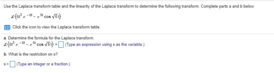 Use the Laplace transform table and the linearity of the Laplace transform to determine the following transform. Complete par