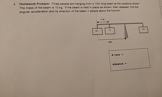 Homework Problem: Three people are hanging from a 10m long beam at the locations shown. The mass of the beam is 10 kg. If the