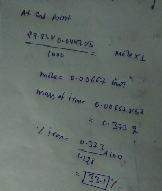 At and paint 99. 95V - очча 5 ооо - А моnеxt Мles o-oo662 . mass of iron 0.00667x56 = 0. 323 */ iҮoys o. 343 1.17 loo - 133.1