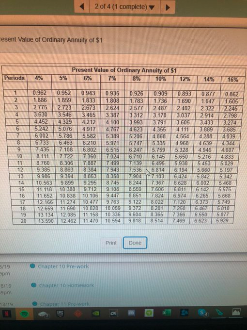 2 of 4 (1 complete) esent Value of Ordinary Annuity of $1 co Present Value of Ordinary Annuity of $1 Periods 4% 5% 6%| 7% 18