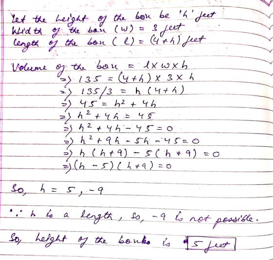 Let the height of the bou be th feet Width of the ban (W) = 3 feet length of the bon ( l) = (4th feet Volume og the bon ex w