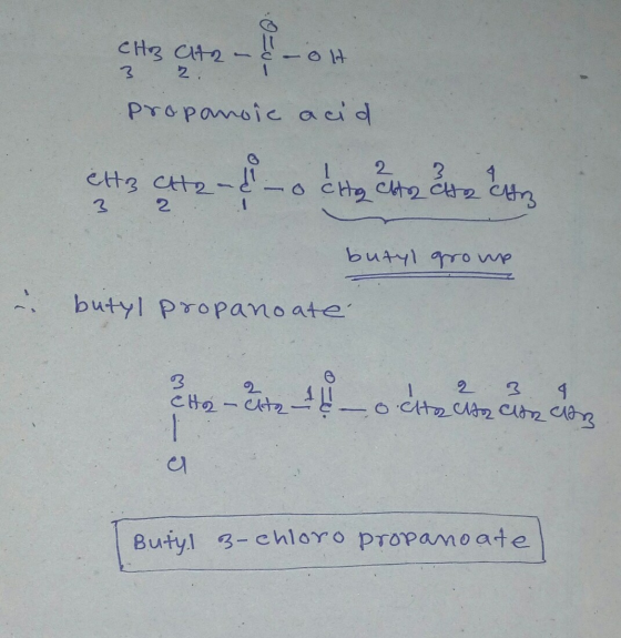 UM 2 . CH3 taon Propanoic acid CH3 CHR- & oétoget &te estrz W butyl group butyl propanoaté - ute le octauan Butyl 3-chloro pr