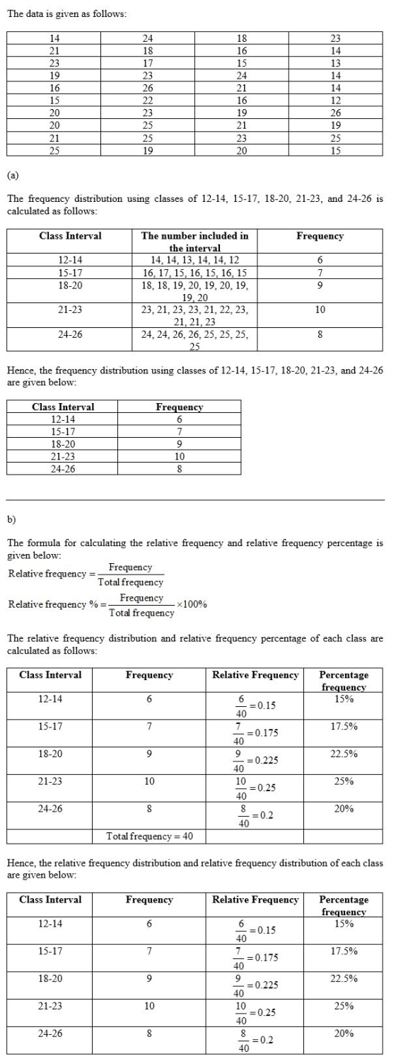 The data is given as follows: The frequency distribution using classes of 12-14, 15-17, 18-20, 21-23, and 24-26 is calculated