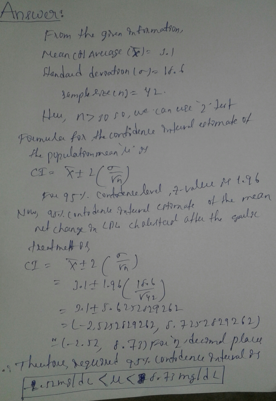 from the given Information, Mean col Average (t) = 3.1 Standard deration (ora 18.6 sample eree ch = 42 Her, no so so we can u