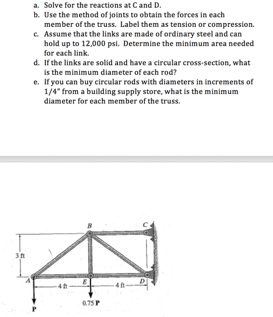 a. Solve for the reactions at Cand D. b. Use the method of joints to obtain the forces in each member of the truss. Label the