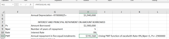 Cupboardy Foht IN Allahment Number Styles Lens Editihg H11 : x fix =PMT(H10,49,-48) H I J K L 5 Annual Depreciation =9700000/