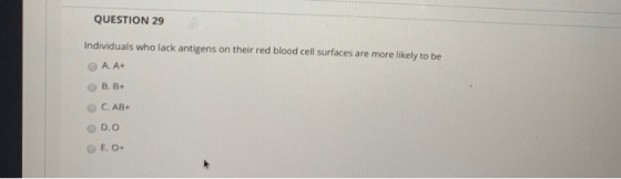 QUESTION 29 Individuals who lack antigens on their red blood cell surfaces are more likely to be A. A+ BB+ C. AB+ D.O E.O+