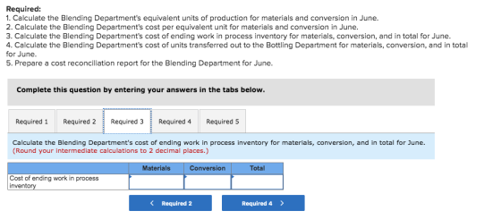 Required: 1. Calculate the Blending Departments equivalent units of production for materials and conversion in June. 2. Calc