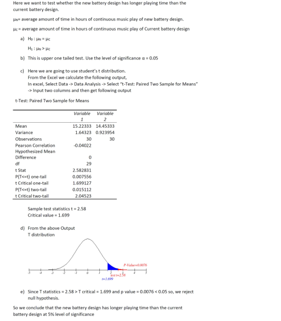 Here we want to test whether the new battery design has longer playing time than the current battery design. HN- average amount of time in hours of continuous music play of new battery design. average amount of time in hours of continuous music play of Current battery design b) This is upper one tailed test. Use the level of significance α-0.05 c) Here we are going to use students t distribution From the Excel we calculate the following output In excel, Select Data->Data Analysis->Select t-Test: Paired Two Sample for Means >Input two columns and then get following output t-Test: Paired Two Sample for Means Variable Variable 2 Mean Variance Observations Pearson Correlation Hypothesized Mean Difference df t Stat P(T<-t) one-tail t Critical one-tail P(T t) two-tail t Critical two-tail 15.22333 14.45333 1.64323 0.923954 30 30 0.04022 0 29 2.582831 0.007556 1.699127 0.015112 2.04523 Sample test statistics t Critical value 1.699 2.58 d) From the above Output T distribution P-Value 0,0076 est 238 -1.699 e) Since T statistics = 2.58 > T critical = 1.699 and p value = 0.0076 < 0.05 so, we reject null hypothesis So we conclude that the new battery design has longer playing time than the current battery design at 5% level of significance