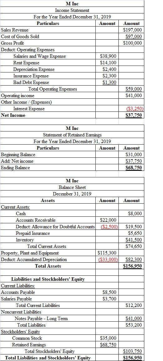 M Inc Amount $197,000 $97.000 $100,000 Income Statement For the Year Ended December 31, 2019 Particulars Amount Sales Revenue
