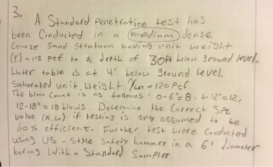 So A Standard penetration test has been Conducted in a medium dense Course Sand Stratum having unit weight (Y) = 115 pef to a