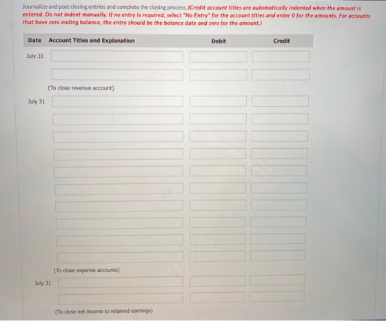 Journalize and post closing entries and complete the closing process. (Credit account titles are automatically indented when