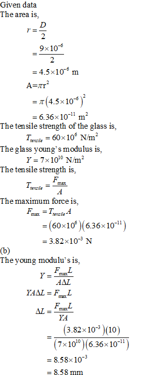 Given data The area is, 9x10- 2 = 4.5x10 m A=ar? = 1(4.5x10) = 6.36x10-11 m2 The tensile strength of the glass is, Tente = 60