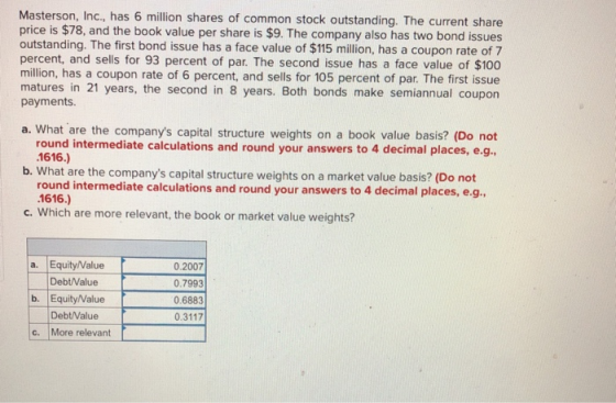 Masterson, Inc., has 6 million shares of common stock outstanding. The current share price is $78, and the book value per sha
