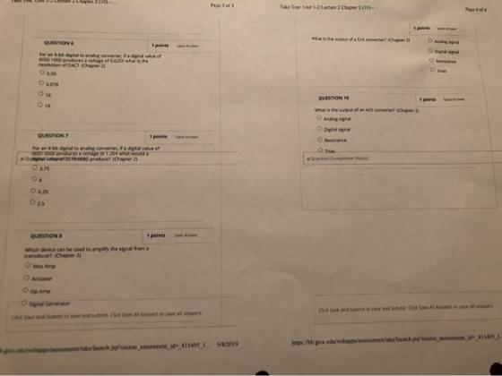 Page 3 of 4 Take Test Unt 1-2Lecare 2。apter 2 (10)-. Pags 4 of 4 What in the output of a Dra convertert (chapter 2) OAnalog s