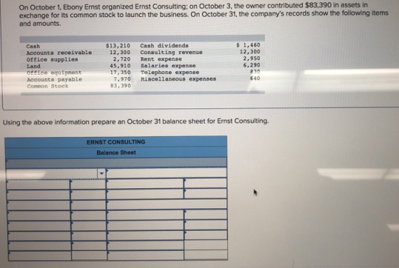 On October 1, Ebony Ernst organized Ernst Consulting: on October 3, the owner contributed $83,390 in assets in exchange for i