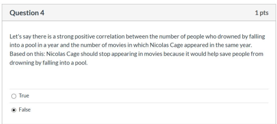1 pts Question 4 Lets say there is a strong positive correlation between the number of people who drowned by falling into a
