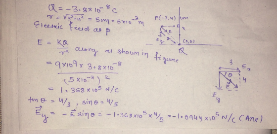 Q=-3.88 10 8 C s = √3²+ y² = 5cy = 5x10 m P(-3,4) lem Electric field as x Ey shown in figure Cool Q حل x 3.8x10 ~8 ca E. ka z