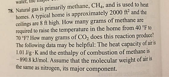 Image for 78. Natural gas is primarily methane, CH4, and is used to heat homes. A typical home is approximately 2000 ft^