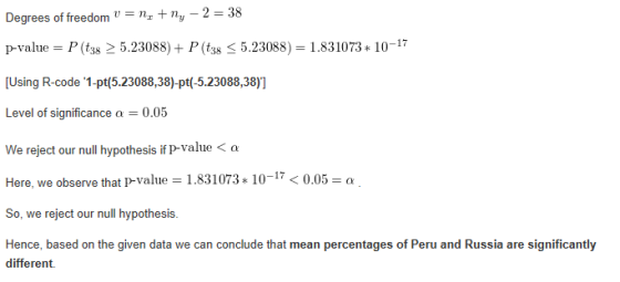 Degrees of freedom v = n, tn, -2 = 38 p-value = P(+38 > 5.23088) + P (t38 < 5.23088) = 1.831073 * 10-17 [Using R-code 1-pt(5