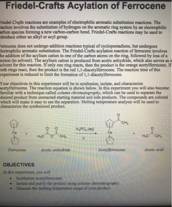 Friedel-Crafts Acylation of Ferrocene riedel-Crafts reactions are examples of electrophilic aromatic substitution reactions.