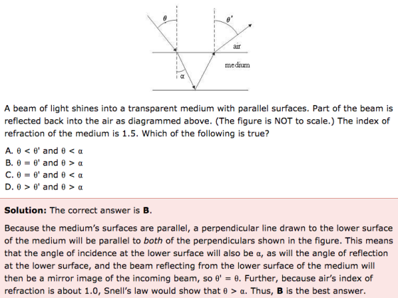 air medium A beam of light shines into a transparent medium with parallel surfaces. Part of the beam is reflected back into the air as diagrammed above. (The figure is NOT to scale.) The index of refraction of the medium is 1.5. Which of the following is true? A. θ < θ and θ < α D. θ > θ and θ > α Solution: The correct answer is B Because the mediums surfaces are parallel, a perpendicular line drawn to the lower surface of the medium will be parallel to both of the perpendiculars shown in the figure. This means that the angle of incidence at the lower surface will also be α, as will the angle of reflection at the lower surface, and the beam reflecting from the lower surface of the medium will then be a mirror image of the incoming beam, so θ. θ. Further, because airs index of refraction is about 1.0, Snells law would show that θ > α. Thus, B is the best answer.