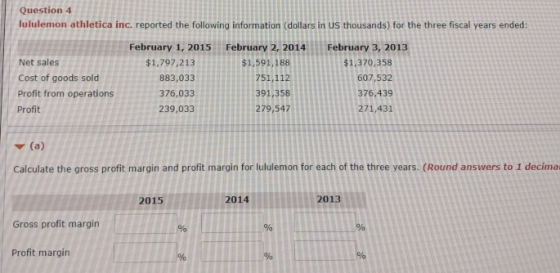 Question 4 lululemon athletica inc. reported the following information (dollars in US thousands) for the three fiscal years e