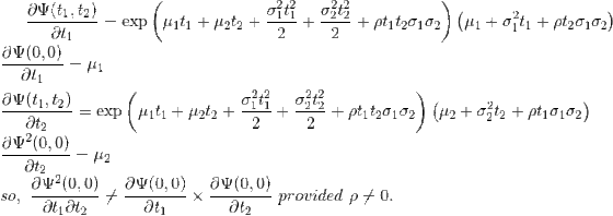 \frac{\partial \Psi (t_1,t_2) }{\partial t_1}=\exp\left ( \mu_1t_1+\mu_2t_2+\frac{\sigma_1^2t_1^2}{2}+\frac{\sigma_2^2t_2^2}{2}+\rho t_1 t_2\sigma_1\sigma_2 \right )\left ( \mu_1+\sigma_1^2t_1+\rho t_2\sigma_1\sigma_2 \right )\\ \frac{\partial \Psi (0,0) }{\partial t_1}=\mu_1\\ \\ \frac{\partial \Psi (t_1,t_2) }{\partial t_2}=\exp\left ( \mu_1t_1+\mu_2t_2+\frac{\sigma_1^2t_1^2}{2}+\frac{\sigma_2^2t_2^2}{2}+\rho t_1 t_2\sigma_1\sigma_2 \right ) \left ( \mu_2+\sigma_2^2t_2+\rho t_1\sigma_1\sigma_2 \right )\\ \frac{\partial \Psi^2 (0,0) }{\partial t_2}=\mu_2\\ so,~\frac{\partial \Psi^2 (0,0) }{\partial t_1\partial t_2}\neq \frac{\partial \Psi (0,0) }{\partial t_1}\times \frac{\partial \Psi (0,0) }{\partial t_2}~provided~\rho\neq 0.