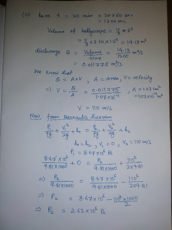 (2) here t = 20 min = 20x60 sec - 1200 sec Volume of bathyscape = 4 a R² .- 7 / 2 x 3.14x1.5 = 14.13 m² discharge o = Volume
