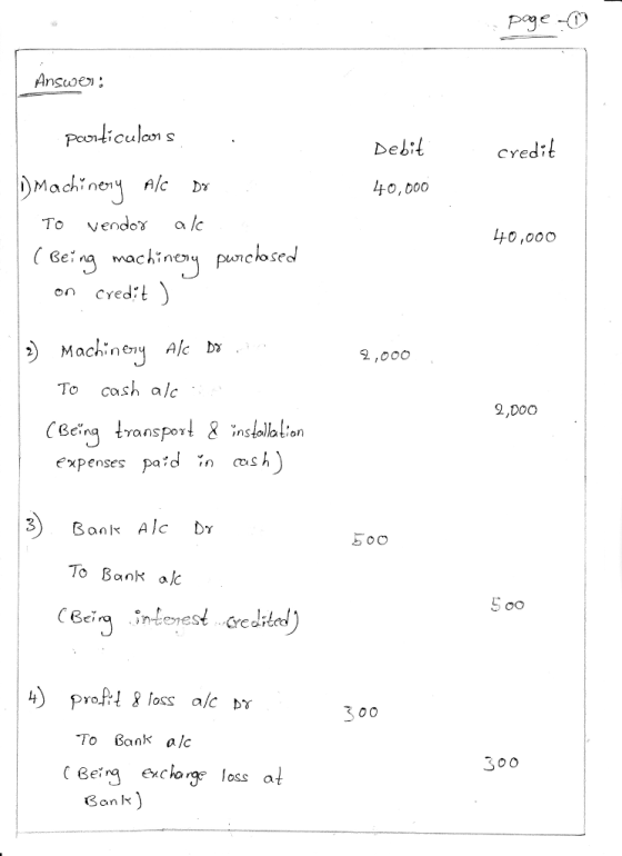 Pondiculons Debil credi 4o, boo To vendo l 4O,ooo machne pwic hose on credit 2) Machinery A/c Dy 2 ,000 To cash alc Bein expenses pad n s h 2,DoO To Bank alc oO To Bank alc C Benq exchorge loss at 300 oSS O San k