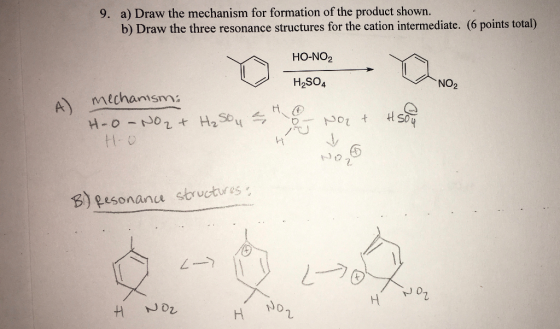 9. a) Draw the mechanism for formation of the product shown. b) Draw the three resonance structures for the cation intermedia