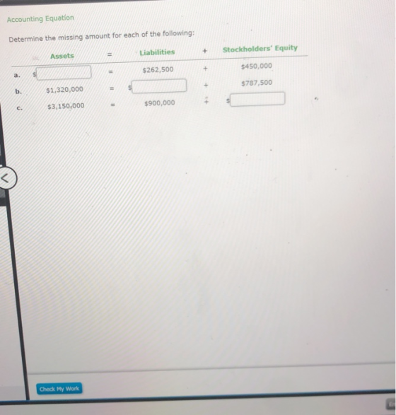 Accounting Equation Determine the missing amount for each of the following: + Liabilities Stockholders Equity Assets 11 + $2