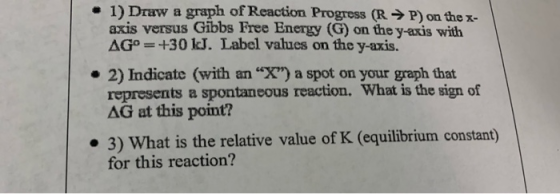 1) Draw a graph of Reaction Progress ( R P) on the x- axis versus Gibbs Free Energy (G) on the y-axis with AG=+30 kJ. Label v