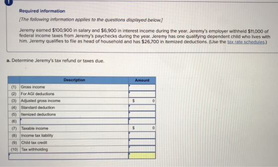 Required information [The following information applies to the questions displayed below.] Jeremy earned $100,900 in salary a