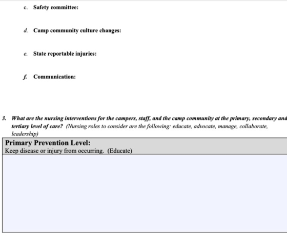 Safety committee: c. d. Camp community culture changes: State reportable injuries: e. f. Communication 3. What are the nursin